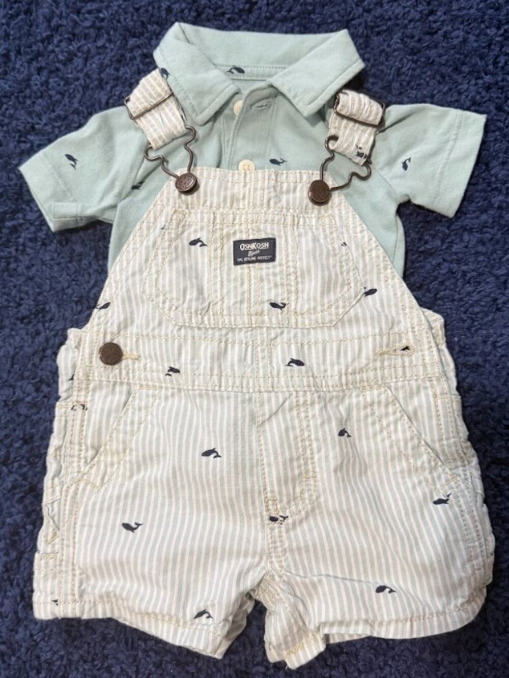 OshKosh B’gosh Baby Boy Whale Polo & Shortall Overalls Set – 3 Months